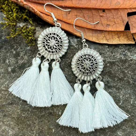 Flower Bohemian Fringe Tassel Earrings Cream - Picture 1 of 5